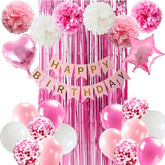 Pink Birthday Party Decorations For Women, Pink And White Birthday Decorations With Banner Heart Shape Foil Balloons Pompoms Fringe Curtain For Princess Party