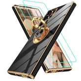 For Samsung Galaxy S22 Ultra Case: With 2Pcs Screen Protector, 360° Rotation Ring Holder Magnetic Kickstand, Plating Gold Edge Soft Tpu Shockproof Protective Cover For S22 Ultra, Black