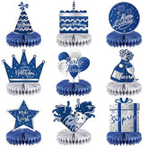 9 Pieces Happy Party Honeycomb Decorations Blue Silver Birthday Table Centerpieces Birthday Themed Honeycomb Centerpieces Party Time Favors For Table Topper Sign Decor
