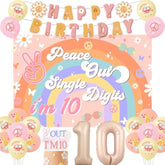 Peace Out Single Digits Party Decoration Girl, Groovy 10Th Birthday Decorations Boho Happy Birthday Banner Peace Out Single Digits I’M 10 Backdrop Cake Topper Number 10 Foil Balloon For 10Th Birthday