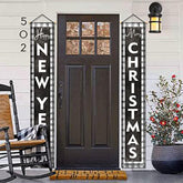 Christmas Porch Sign Merry Christmas Porch Sign Happy New Year Hanging Banner White Black Buffalo Plaid Farmhouse Door Banner Sign For Indoor Outdoor Wall Decoration, 72 X 12 Inch