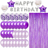 Purple & Silver Birthday Party Set – 49pcs Balloons, Fringe Curtain and 1 inches Letter Banner