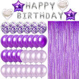 Purple & Silver Birthday Party Set β 49pcs Balloons, Fringe Curtain and 1 inches Letter Banner