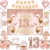 13Th Birthday Decorations For Girls, It'S My 13Th Birthday Crown And Sash Pink Rose Gold 13Th Threenager Cake Topper Banner Backdrop Balloons Hanging Swirls Happy 13 Years Old Party Supplies