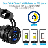 Quick Charge 3.0 Dual USB Charger Socket,Aluminum Power Outlet Fast Charge,with LED Digital Voltmeter and Wire Fuse, for 12V/24V Car, Golf Cart, Boat, RV, Motorcycle, Truck and More