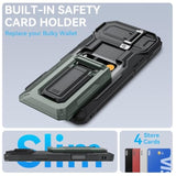Heavy Duty Rugged Phone Case for iPhone 16 Pro Max with Semi-Automatic Card Slot, RFID Blocking, Kickstand, and Camera Lens Cover, Wallet, Green Color, 6.9 Inch Screen Size