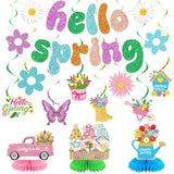 Spring Party Decorations, Hello Spring Decoration Include Banner, Hanging Swirls And Honeycomb Centerpieces, Butterfly Flowers Hanging Decorations Spring Decorations For Home Office Classroom