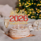 Hello 2026 Happy New Year Cake Topper Gold Red Glitter Party Decorations