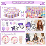 222 Pcs Butterfly Birthday Decorations, Purple And Pink Birthday Decorations For Girls Kit - Disposable Dinnerware Set With 25 Guest, Balloons, Sash, Tiara, Banner, Butterfly Decor