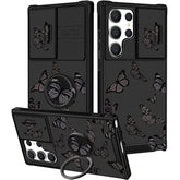 (2In1 For Samsung Galaxy S23 Ultra Case Black Butterfly For Women Girls Girly Phone Cover Cute Butterflies Design With Slide Camera Cover+Ring Holder Fashion Cases For S23 Ultra 5G 2023 6.8''