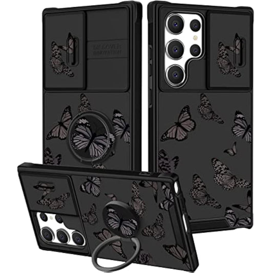 (2In1 For Samsung Galaxy S23 Ultra Case Black Butterfly For Women Girls Girly Phone Cover Cute Butterflies Design With Slide Camera Cover+Ring Holder Fashion Cases For S23 Ultra 5G 2023 6.8''