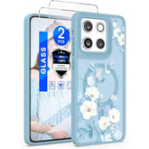 For Motorola Moto G Stylus 5G 2025 Floral Phone Case With 2X Screen Protector, Military Grade Magnetic Translucent Matte Girls Women Flower Pattern Protective Cover (Blue)
