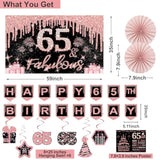 65Th Birthday Decorations For Women,32Pcs 65Th Birthday Party Decorations,Including Backdrop, Crown, Sash, Banner, Hanging Swirl,Cake Topper,Balloons,Paper Fans,Anniversary Card And Paper Fans