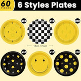 60Pcs Smile Face Birthday Party Decorations 7Inch Yellow Smile Face Paper Dessert Plates Tableware Lightning Star Checkered Dinnerware Party Supplies For Baby Shower Birthday Wedding Favors