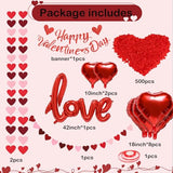 Valentines Day Decorations Kit With 3 Pack Hearts Felt Garland, 1 Happy Valentine's Day Banner, Love Heart Valentines Balloons And 500pcs Rose Petals For Anniversary Galentines Day Decorations