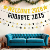 Black Gold Glitter New Year Banner 20ft Star Garland Goodbye 2025 Welcome 2026
