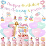 7Th Birthday Party Decorations - 40 Pcs Donut Sweet Sassys And 7 Hanging Swirls Decors Sets For Girls Seven Candy Celing Banner Supplies Happy Dessert Insert Cupcake Toppers Balloons Favors