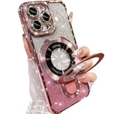 Magnetic Ring Stand Glitter Case For Iphone 15 Pro Max, (Compatible With Magsafe) Luxury Bling Diamond Rhinestones Cover With Camera Lens Protector For Women Girls,Pink