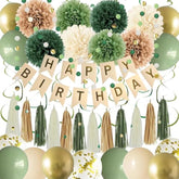 47PCS Sage Green Birthday Decor – Banner, Pompoms, Tassels, Swirls & Balloons