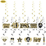 40th Birthday Hanging Swirl Decorations: Black & Gold 1985 Vintage Theme