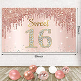 Rose Gold Sweet 16 Banner with Balloon Garland for Girls' Birthday Decor