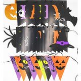 Colorful Happy Halloween Banner and Pennant with Pumpkin Bat Witch Hat Party Decor
