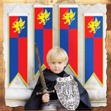 4 Pcs 4 Ft Medieval Fantasy Pull-Down Banner With Lion Design Hanging Party Bunting Banner Medieval Party Decorations Garden Cutouts Flag For Castle Theme Festival Birthday Decor