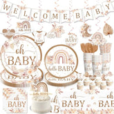 138PCS Boho Baby Shower Tableware Set – Plates, Napkins, Banner for 20 Guests