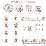 174Pcs Highland Cow Baby Shower Decorations Tableware, Serves 25 Guests, Cow Baby Shower Decorations Includes Banner Cake Topper Plates And Napkins Etc, For Girls Highland Cow Theme Party