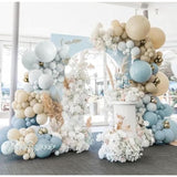 Dusty Blue White Sand Balloon Garland Double Stuffed Pastel Light Blue Cream Beige Matte Balloon Arch Kit With Gold Latex For Neutral Baby Shower Wedding Birthday Summer Party Decoration