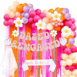 Dazed And Engaged Bachelorette Decorations, 70S Retro Groovy Bachelorette Party Decoration, Pink Orange Daisy Groovy Balloon Arch Bridal Shower Party Fringe Backdrop, Bride To Be Sash And Veil