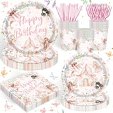 122Pcs Fairy Party Supplies For Girls Birthday Pink Fairies Enchanted Themed 1St 2Rd First Party Decor Garden Flowers Tableware Set Plates Napkins Cups Banner Tablecloth Forks Knives For 20 Guests