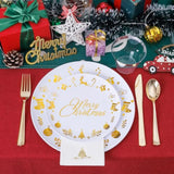175 Pieces Christmas Plastic Plates - Christmas Gold Plastic Plates Include 25Dinner Plate, 25Dessert Plate, 25Knives, 25Forks, 25Spoons, 25Cups, 25 Napkins For Xmas Party