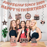 11Pcs 16Th Birthday Decorations Kit For Girls Women, Rose Gold Happy 16Th Birthday Banner, Awesome Since 2009 Centerpieces Swirls Party Supplies, Sixteen Bday Banner Ceiling Table Topper Sign