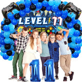 90Pcs Video Game Party Decorations For Boys Set Blue - 11Th Birthday Supplies - Video Game Backdrop, Balloons, Tablecloth, Gamer And Foil Balloons