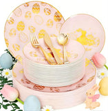 150Pcs Easter Plates with Gold Bunny - Pink Plastic Dinnerware Includes 30 Egg and Rabbit 30 Dessert Plates, 30 Forks, 30 Spoons,30 Knives for Easter Party