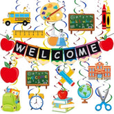 Back To School Decorations Welcome Banner & Hanging Swirls for Classroom/Office