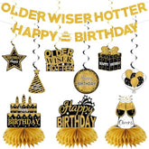 11Pcs Happy Birthday Decorations Kit For Men Women, Black Gold Happy Birthday Banner, Older Wiser Hotter Glitter Banner Party Supplies, Bday Decor Centerpieces Swirls Table Topper Sign