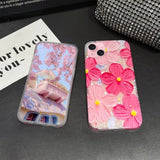 For Iphone 15 Plus Case Flowers Women Girly Aesthetic Sparkle Translucent Cute Floral With Phone Strap Charms Wristlet Oil Painting Shockproof Protective Phone Cases For Iphone 15 Plus Hot Pink