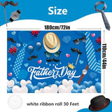 Father's Day Backdrop, Happy Fathers Day Decorations Blue Dad Party Banner Background with Hat Glasses Mustache Tie Watch Hearts for Photo Booth Decor, 71 x 43 Inch