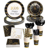 128-Piece New Year 2026 Party Set Serves 16 Includes Plates Napkins Cups Cutlery Straws