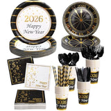 128-Piece New Year 2026 Party Set Serves 16 Includes Plates Napkins Cups Cutlery Straws