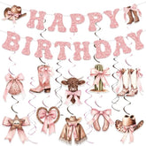 Cowgirl Coquette Pink Birthday Decor with Bows, Swirls & Balloons