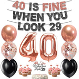 40Th Birthday Decorations For Women, Pre-Strung 40 Is Fine When You Look 29 Banner, Number 40 Balloons Cake & Cupcake Toppers Party Supplies Kit, 40 Year Old Birthday Party Decorations
