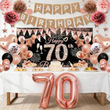 70Th Birthday Decorations For Women, Rose Gold Happy 70Th Birthday Decorations Banner Balloons Pompoms Backdrop Star Streamer, 70Th Birthday Party Supplies Set