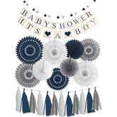 Baby Shower Decorations For Boy, It'S A Boy, Elephant Theme, Blue, Grey, White, 14 Piece Set, Includes Banner, Paper Fans, Tassels