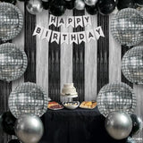 8pcs Disco New Year Party Set 4D Balloons Black Silver Fringe Backdrop