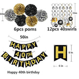 Black & Gold 40th Birthday Decoration Set β Glitter Banner, Poms and Hanging Swirls Party Kit
