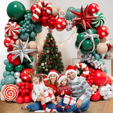 Christmas Balloon Garland Arch Kit with 160Pcs Red Green Silver and Peach Nude Balloon, Cane Candy Foil Balloons, Silver Starburst Balloons for Christmas Party Decorations