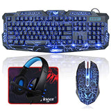 Backlit Gaming Keyboard, Mouse And Led Headset Combo - Usb Wired 3 Color Crack Backlit, Blue Led Light Headset - Set For Work And Game